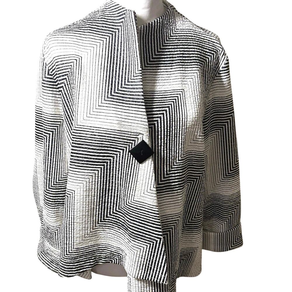 Yushi Black White Geometric Art Jacket Blouse Lagenlook USA Sz XL